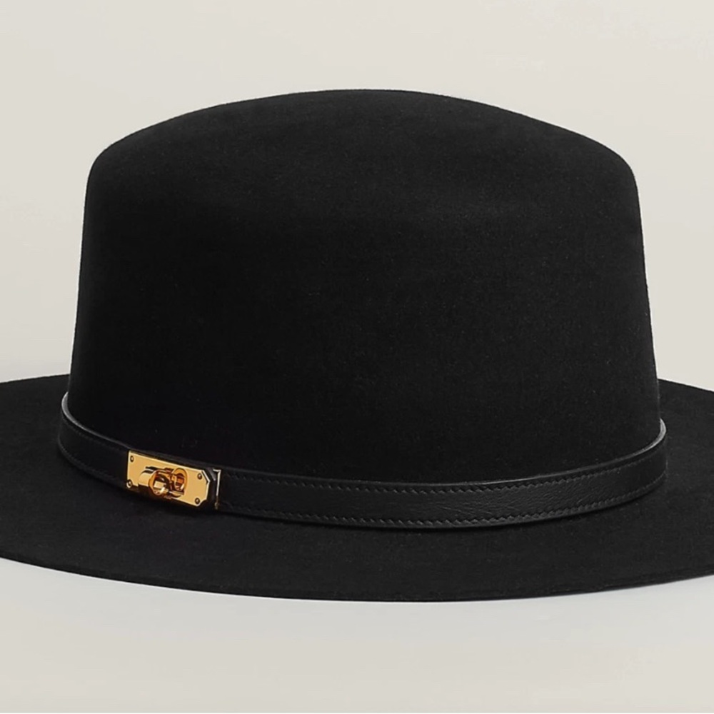 NEW in Box HERMÈS Black Rabbit Felt Hampton hat with Kelly Gold Buckle